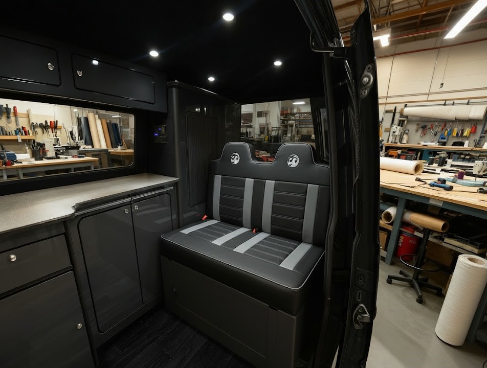 Rock n roll bed Vauxhall logo black vinyl with grey panels Blue Note Upholstery